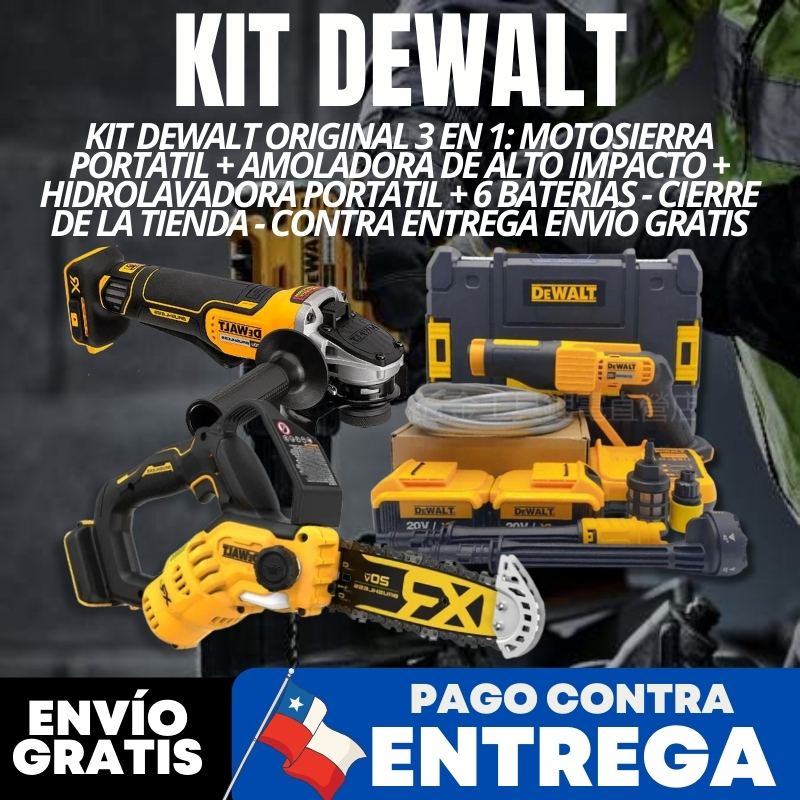 KIT DEWALT ORIGINAL 3 EN 1: MOTOSIERRA PORTÁTIL + AMOLADORA DE ALTO IMPACTO + HIDROLAVADORA PORTATIL + 6 BATERIAS - CIERRE DE LA TIENDA - CONTRA ENTREGA ENVÍO GRATIS