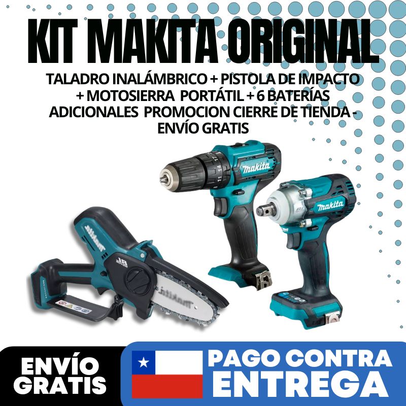 KIT MAKITA:  TALADRO INALÁMBRICO + PISTOLA DE IMPACTO + MOTOSIERRA  PORTÁTIL + 6 BATERÍAS ADICIONALES  PROMOCION CIERRE DE TIENDA - ENVÍO GRATIS