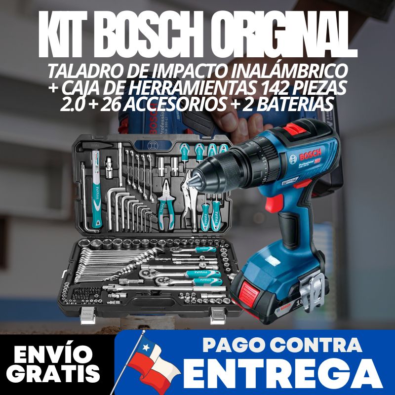 KIT BOSCH ORIGINAL: TALADRO DE IMPACTO INALÁMBRICO + CAJA DE HERRAMIENTAS 142 PIEZAS 2.0 + 26 ACCESORIOS + 2 BATERIAS - PROMOCION CIERRE DE LA TIENDA - CONTRA ENTREGA ENVÍO GRATIS